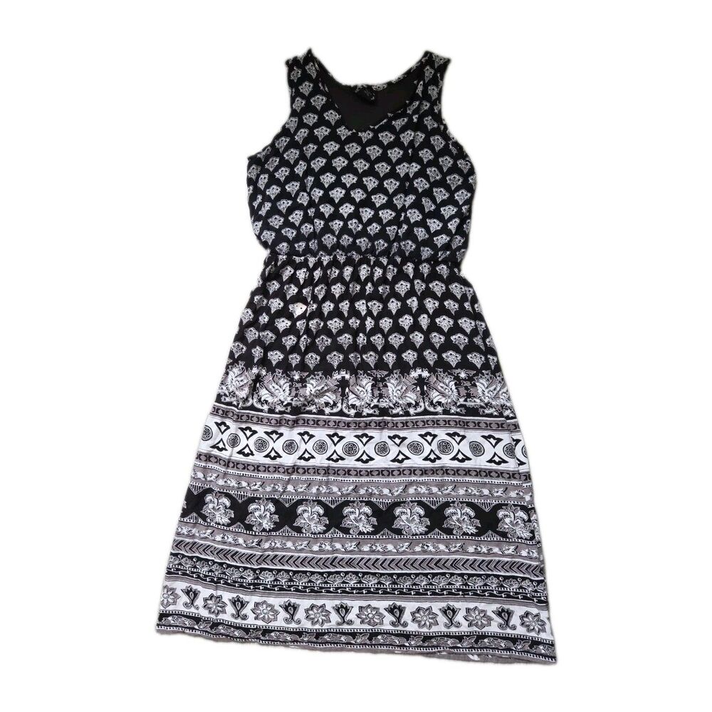 Angie Black White Border Print Sleeveless Midi Dress Boho Rayon Size S EUC